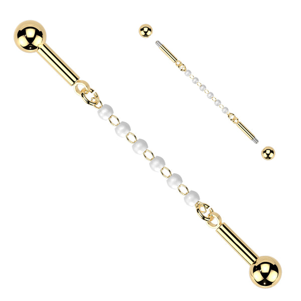 316L Surgical Steel Gold PVD White Pearl Chain Flexible Industrial Barbell - Pierced Universe