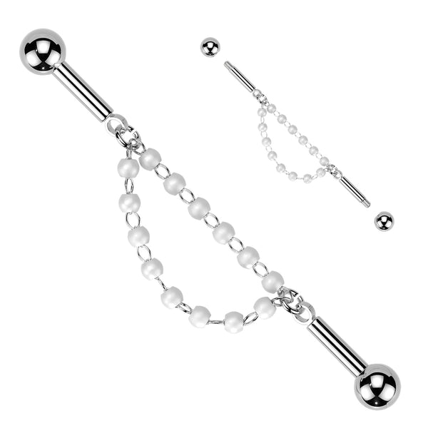 316L Surgical Steel White Pearl Chain Dangle Flexible Industrial Barbell