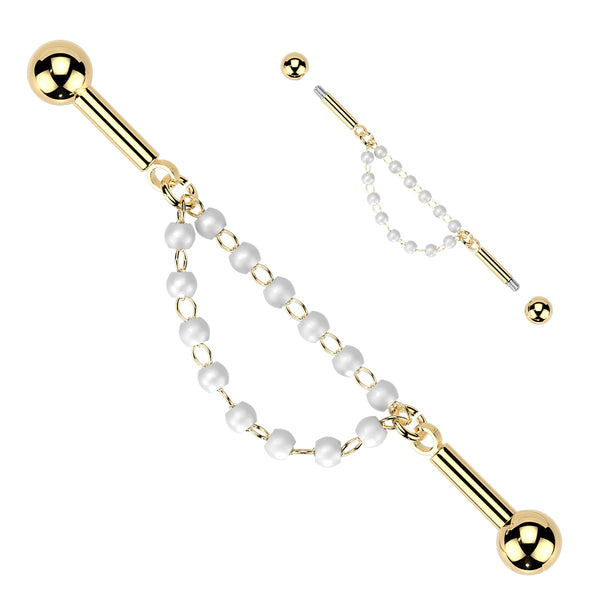 316L Surgical Steel Gold PVD White Pearl Chain Dangle Flexible Industrial Barbell