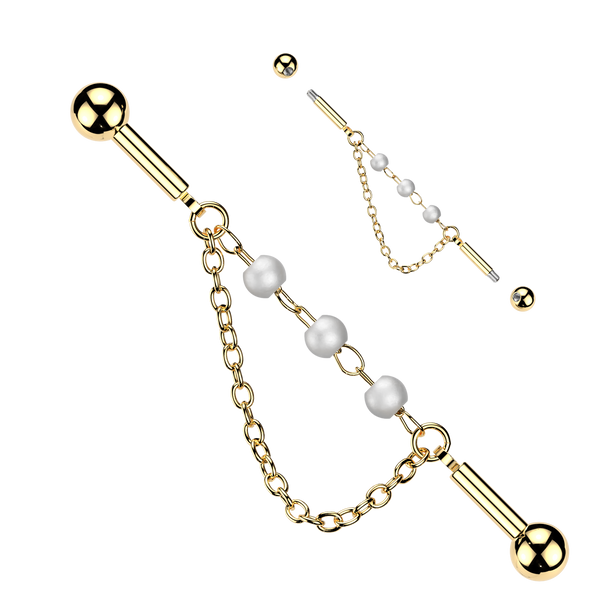 316L Surgical Steel Gold PVD White Pearl Double Chain Dangle Flexible Industrial Barbell
