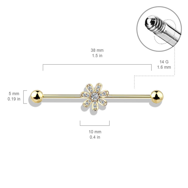 316L Surgical Steel Rose Gold PVD White CZ Gem Flower Industrial Barbell - Pierced Universe