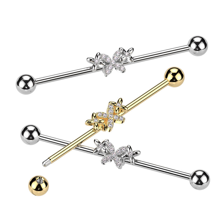 316L Surgical Steel Gold PVD White CZ 4 Petal Flower Industrial Barbell - Pierced Universe