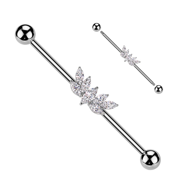316L Surgical Steel Large White CZ Wing Design Marquise Gem Cluster Industrial Barbell - Pierced Universe