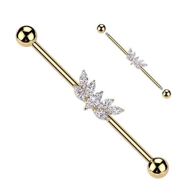 316L Surgical Steel Gold PVD Large White CZ Wing Design Marquise Gem Cluster Industrial Barbell - Pierced Universe