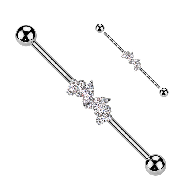 316L Surgical Steel White CZ Marquise & Baguette Gem Industrial Barbell