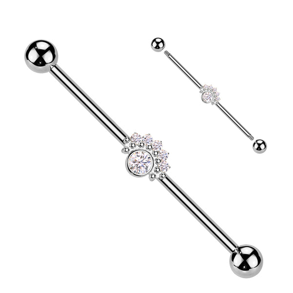 316L Surgical Steel White CZ Bezel Beaded Gem Design Industrial Barbell