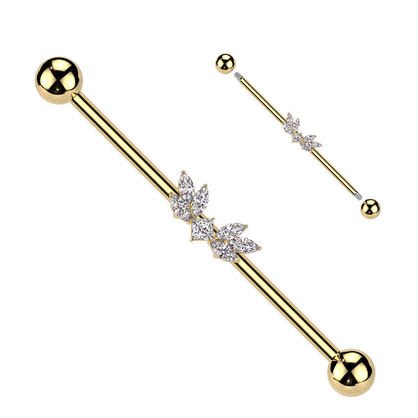 316L Surgical Steel Gold PVD White CZ Wing Design Gem Cluster Industrial Barbell - Pierced Universe
