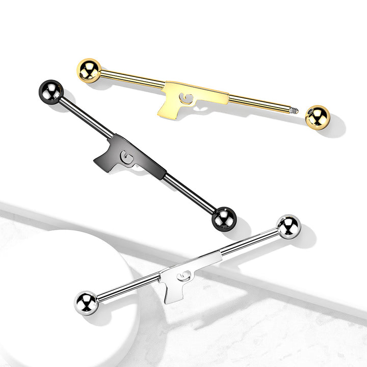 316L Surgical Steel Gold PVD Pistol Gun Outline Industrial Barbell - Pierced Universe