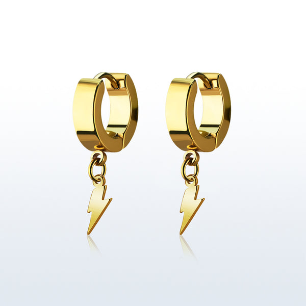 Pair of 316L Surgical Steel Gold PVD Bolt of Lightning Dangle Hoop Earrings - Pierced Universe
