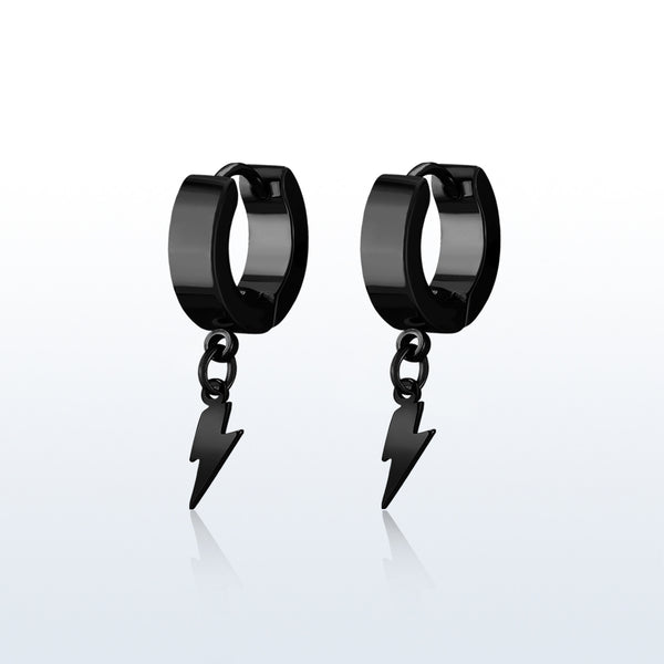 Pair of 316L Surgical Steel Black PVD Bolt of Lightning Dangle Hoop Earrings - Pierced Universe