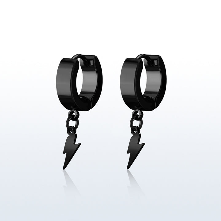 Pair of 316L Surgical Steel Black PVD Bolt of Lightning Dangle Hoop Earrings - Pierced Universe