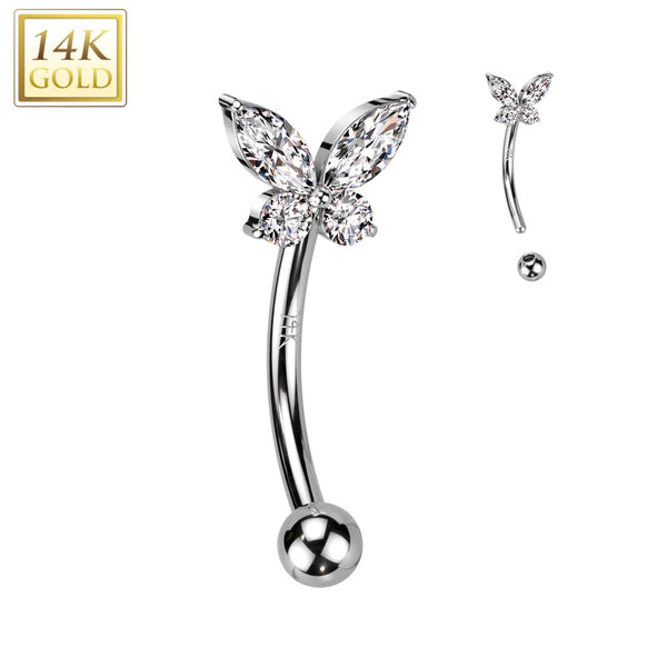 14kt White Gold White CZ Small Dainty Butterfly Curved Barbell - Pierced Universe