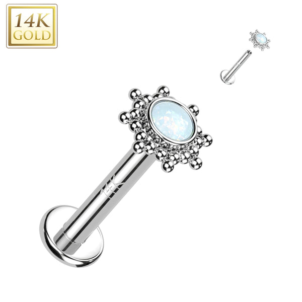 14KT White Gold White Opal Beaded Internally Threaded Flat Back Labret - Pierced Universe