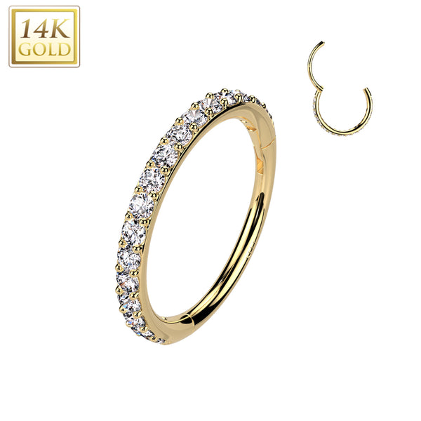 14KT Yellow Gold White CZ Pave Hinged Clicker Nose Hoop - Pierced Universe