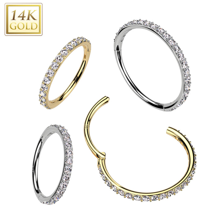 14KT Yellow Gold White CZ Pave Hinged Clicker Nose Hoop - Pierced Universe