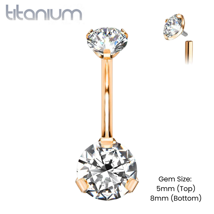 Implant Grade Titanium Internally Threaded Rose Gold PVD White CZ Prong Belly Button Navel Ring - Pierced Universe