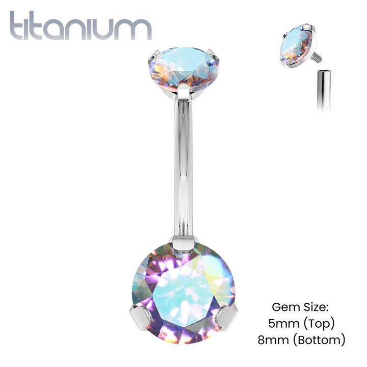 Implant Grade Titanium Internally Threaded Aurora Borealis CZ Prong Belly Button Navel Ring - Pierced Universe
