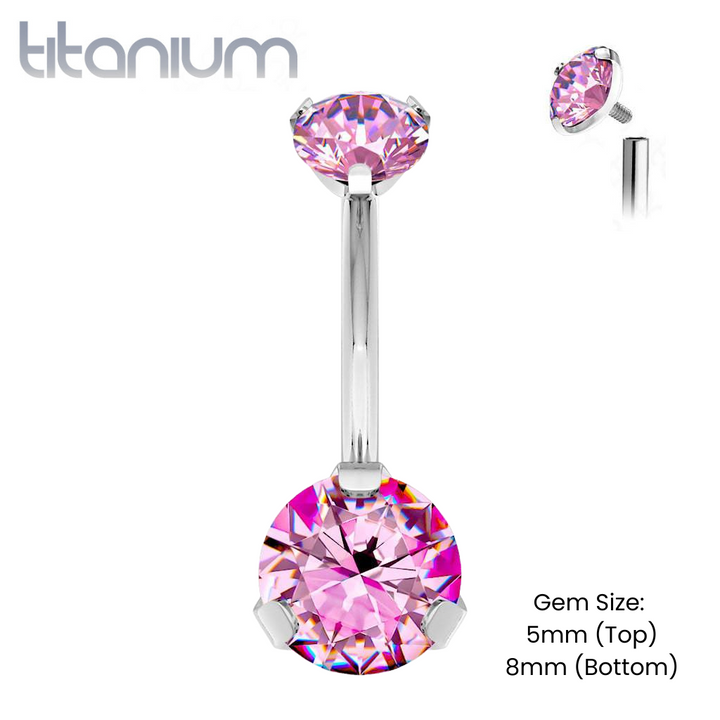 Implant Grade Titanium Internally Threaded Pink CZ Prong Belly Button Navel Ring - Pierced Universe