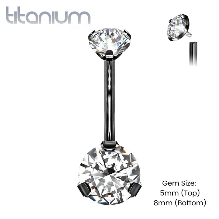 Implant Grade Titanium Internally Threaded Black PVD White CZ Prong Belly Button Navel Ring - Pierced Universe