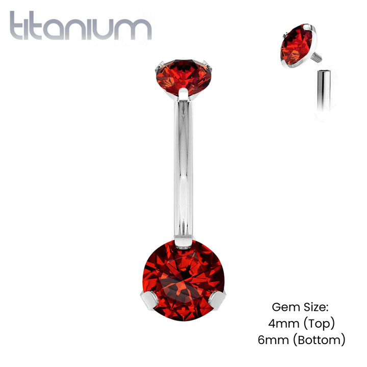 Implant Grade Titanium Internally Threaded Red CZ Prong Belly Button Navel Ring - Pierced Universe