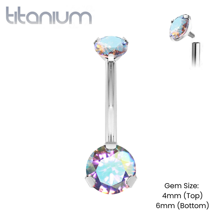 Implant Grade Titanium Internally Threaded Aurora Borealis CZ Prong Belly Button Navel Ring - Pierced Universe
