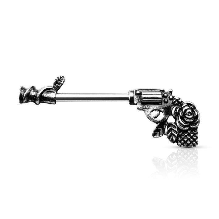 316L Surgical Steel Gun Pistol With Rose Handle Nipple Ring Straight Barbell - Pierced Universe