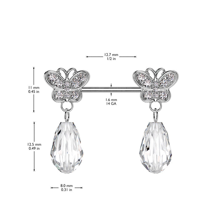 316L Surgical Steel Gold PVD Large White CZ Butterfly Clear Gem Dangle Nipple Ring Straight Barbell - Pierced Universe