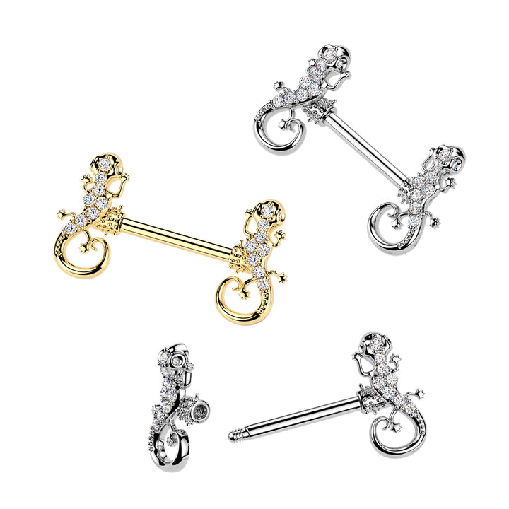 316L Surgical Steel Gold PVD White CZ Lizard Straight Barbell Nipple Ring - Pierced Universe