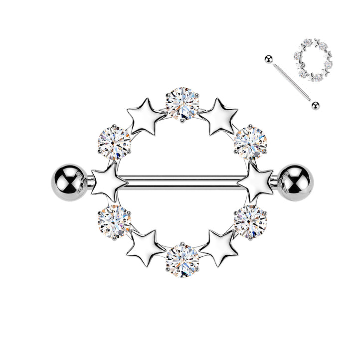 316L Surgical Steel White CZ & Star Full Circle Shield Nipple Ring - Pierced Universe