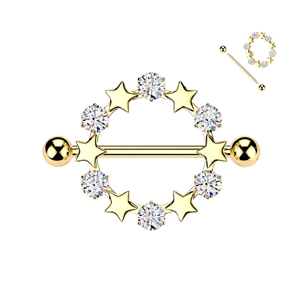 316L Surgical Steel Gold PVD White CZ & Star Full Circle Shield Nipple Ring - Pierced Universe