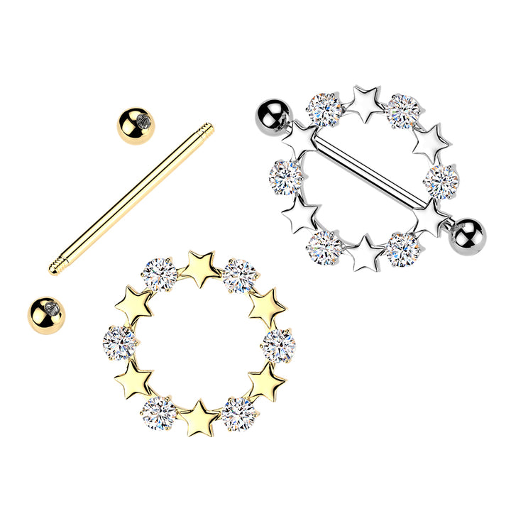 316L Surgical Steel Gold PVD White CZ & Star Full Circle Shield Nipple Ring - Pierced Universe