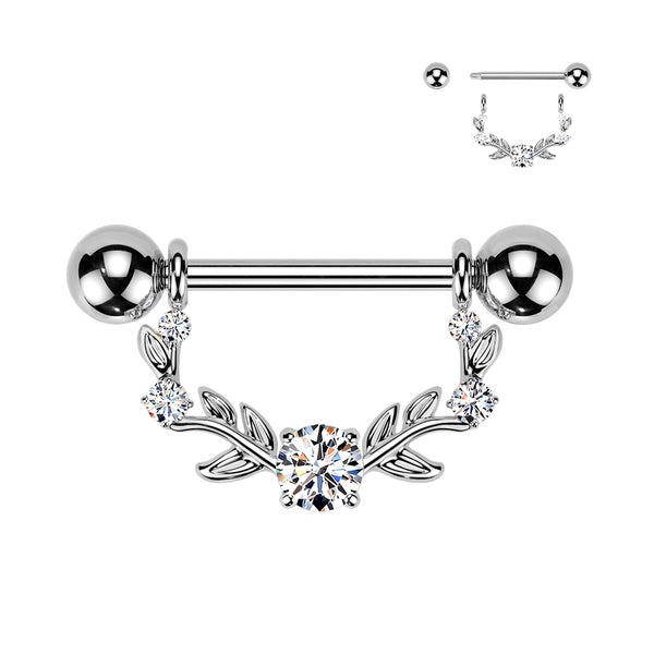 316L Surgical Steel White CZ Vine Shield Nipple Ring Straight Barbell - Pierced Universe