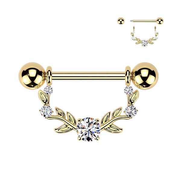 316L Surgical Steel Gold PVD White CZ Vine Shield Nipple Ring Straight Barbell - Pierced Universe