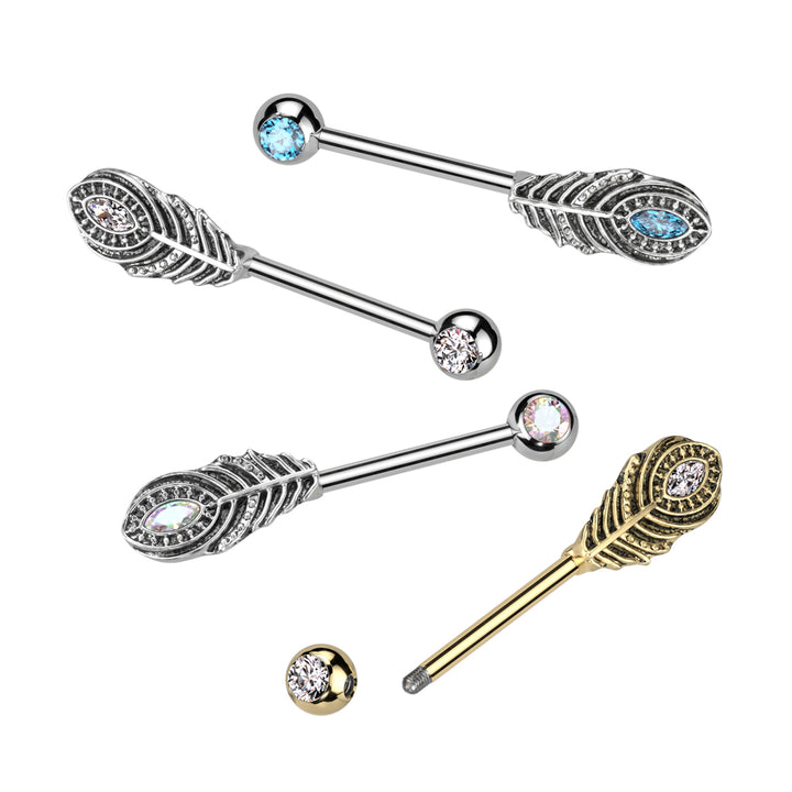 316L Surgical Steel Aqua CZ Peacock Feather Nipple Ring Straight Barbell - Pierced Universe