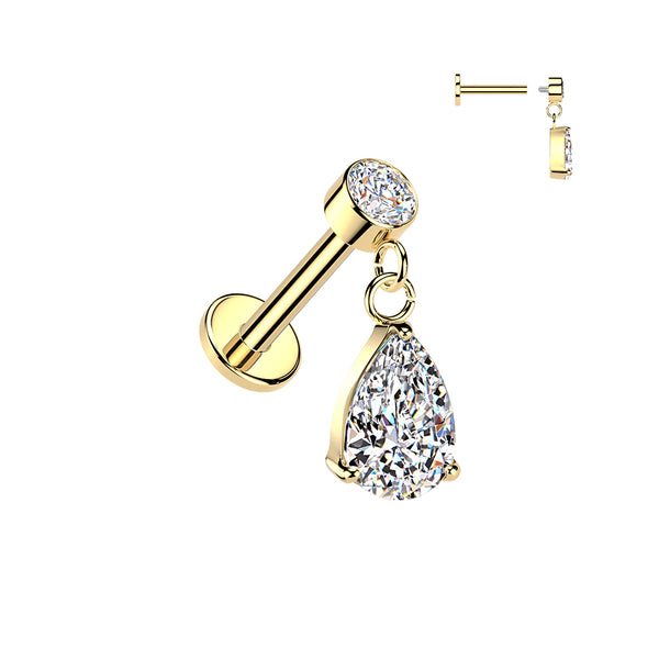 316L Surgical Steel Gold PVD White CZ Teardrop Dangle Internally Threaded Flat Back Labret - Pierced Universe