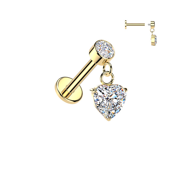 316L Surgical Steel Gold PVD White CZ Heart Dangle Internally Threaded Flat Back Labret - Pierced Universe
