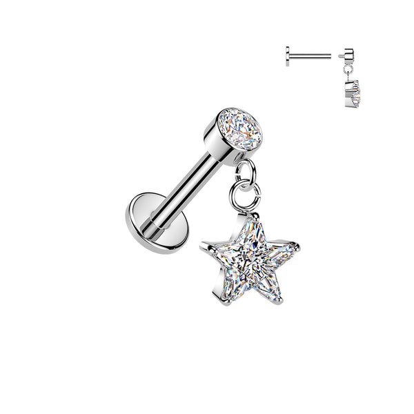 316L Surgical Steel White CZ Star Dangle Internally Threaded Flat Back Labret - Pierced Universe