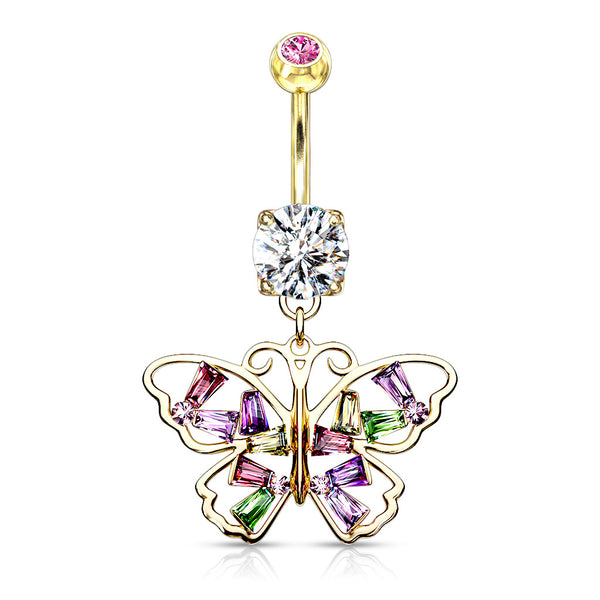 316L Surgical Steel Gold PVD Large Multi Colour Gem Butterfly Dangle Belly Ring - Pierced Universe