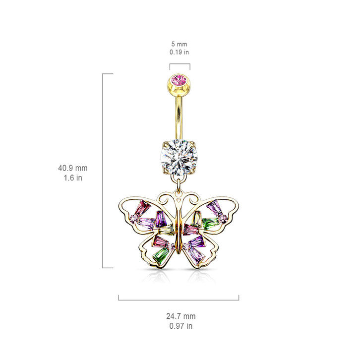 316L Surgical Steel Gold PVD Large Multi Colour Gem Butterfly Dangle Belly Ring - Pierced Universe
