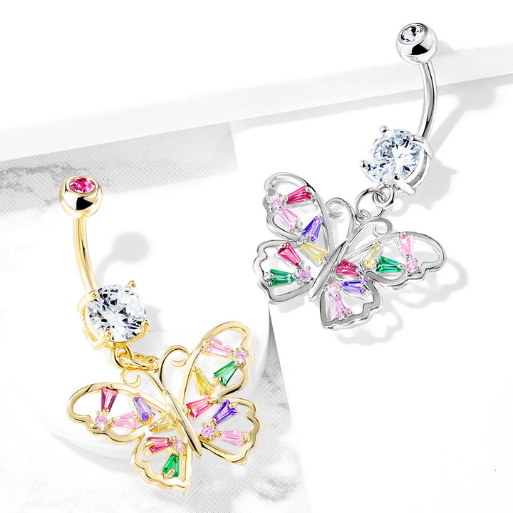 316L Surgical Steel Gold PVD Large Multi Colour Gem Butterfly Dangle Belly Ring - Pierced Universe