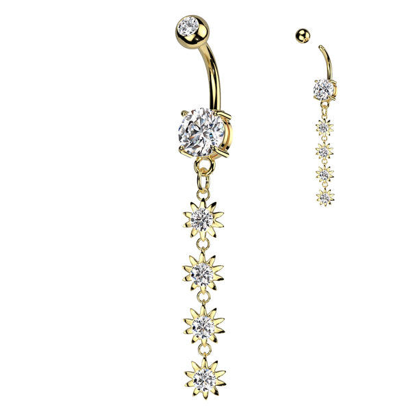 316L Surgical Steel Gold PVD White CZ Gem Long Flower Dangly Belly Ring