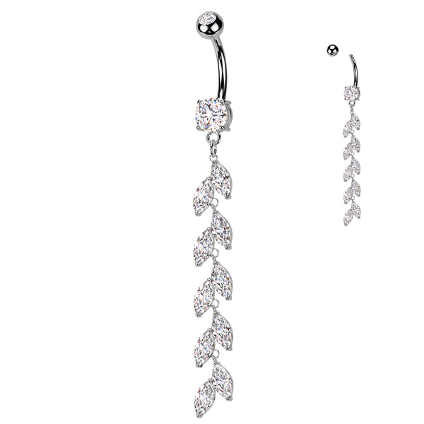 316L Surgical Steel Long White CZ Vine Dangle Belly Ring