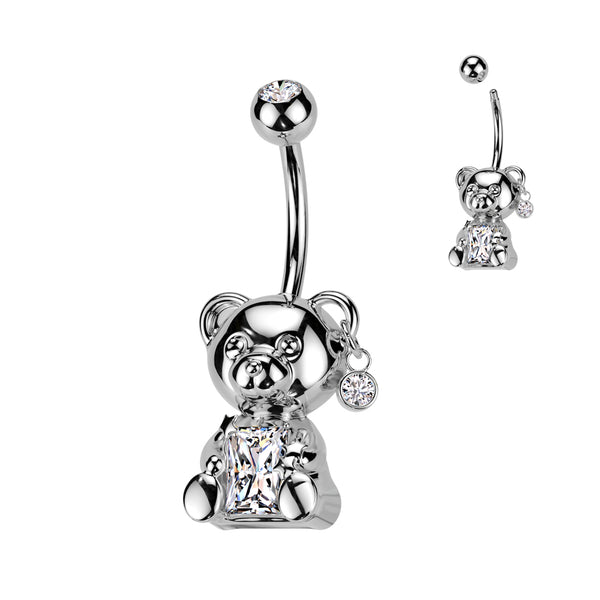 316L Surgical Steel White CZ Clawed Teddy Bear Belly Ring