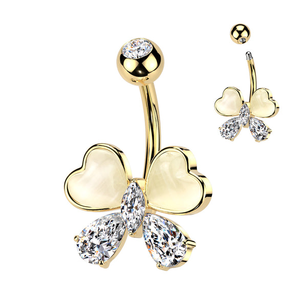 316L Surgical Steel Gold PVD White CZ & Stone Bow Non Dangle Belly Ring - Pierced Universe