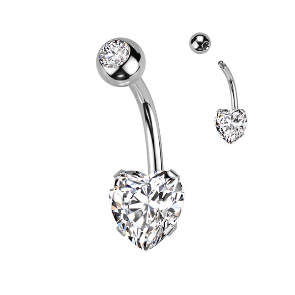 316L Surgical Steel White CZ Heart Shaped Non Dangle Belly Ring - Pierced Universe