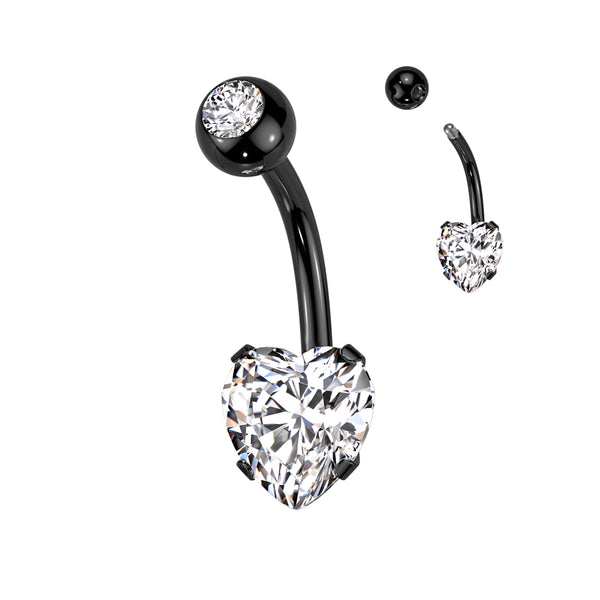 316L Surgical Steel Black PVD White CZ Heart Shaped Non Dangle Belly Ring - Pierced Universe