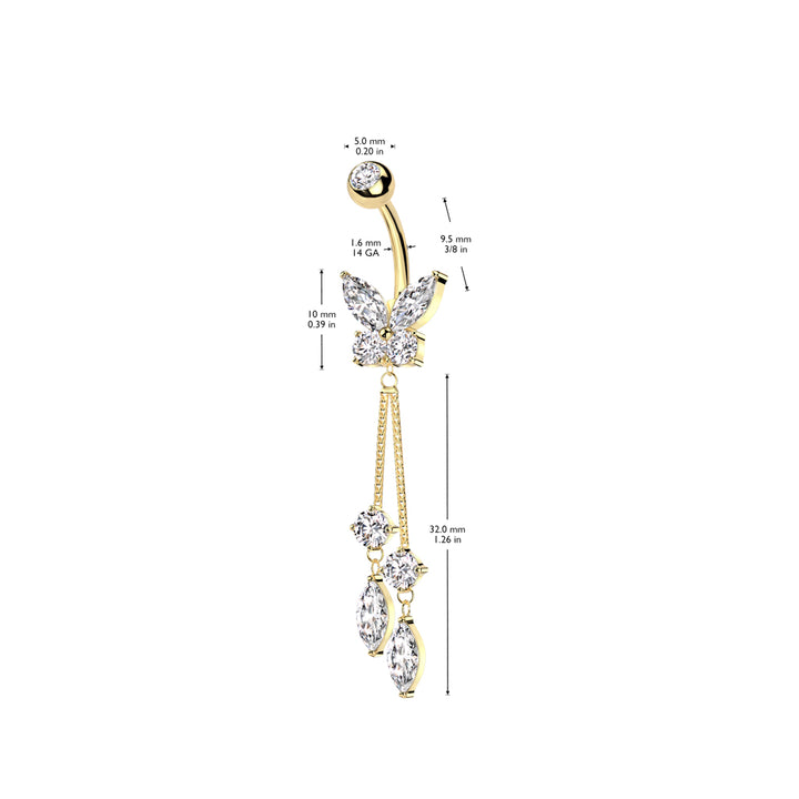 316L Surgical Steel White CZ Butterfly With Long Chain Marquise CZ Dangle Belly Ring - Pierced Universe