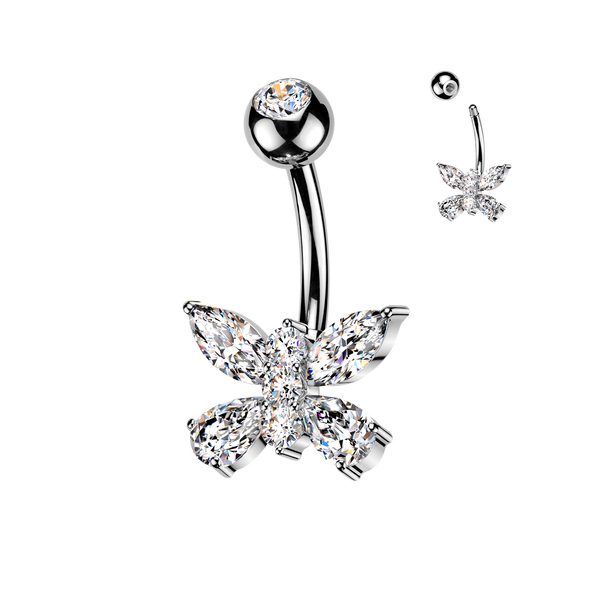 316L Surgical Steel Butterfly White CZ Belly Ring