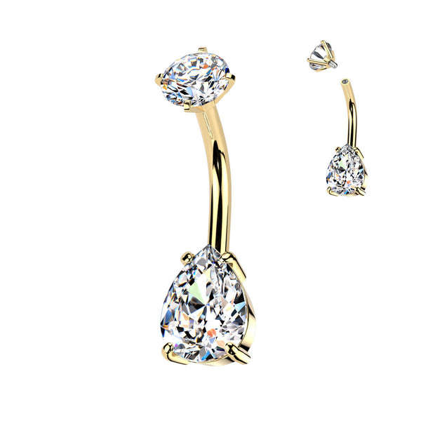 316L Surgical Steel Gold PVD White CZ Teardrop Internally Threaded Belly Ring - Pierced Universe