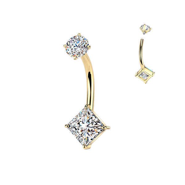 316L Surgical Steel Gold PVD White CZ Square Gem Internally Threaded Belly Ring - Pierced Universe